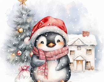 14 Cozy Snow Penguin Clipart Bundle, Printable Watercolor Animal Images, Christmas Card Making Illustration, High Quality JPG, Paper Crafts