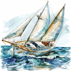 13 Sailboat Clipart Bundle, Printable Watercolor Ship on the sea Illustrations, High Quality JPG, Paper craft, junk journals, Card Making