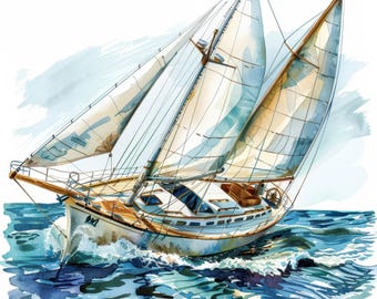 13 Sailboat Clipart Bundle, Printable Watercolor Ship on the sea Illustrations, High Quality JPG, Paper craft, junk journals, Card Making