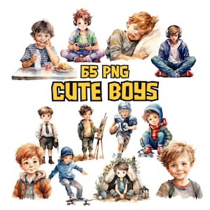 Imágenes prediseñadas de niños lindos en acuarela / Ilustraciones de niños pequeños, escolares y adolescentes, 65 imágenes PNG independientes, descarga instantánea para uso comercial