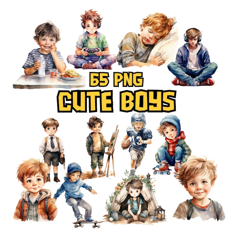 Watercolor Cute Boys Clipart | Toddler Boy, Schoolboy, Teenage Boy ...