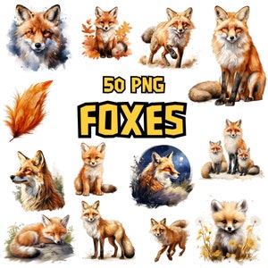 Aquarel vossen clipart | Bosdieren, natuur, schattig, babyvosillustraties, 50 afzonderlijke png-afbeelding, Instant Download voor commercieel gebruik