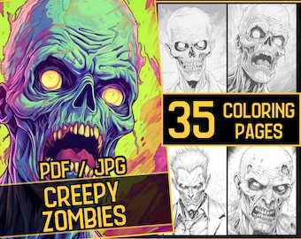 Creepy Zombies 35 Horror  Coloring Page Book, for Adults and kids, Grayscale Coloring Pages, Printable PDF, Adult Horror, Zombie Coloring