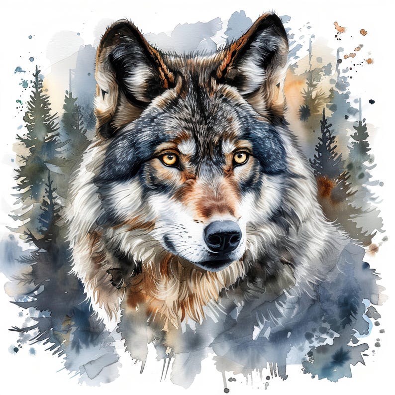 14 Wolf Portrait and Forest Clipart Bundle, Watercolor Wolf Image, Wolf Head Clipart, Scrapbook, Wolf Pack, Wolf In Forest, Forest And Wolf