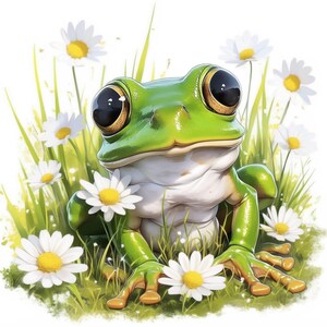 Lot de 16 cliparts grenouille et marguerite mignons, illustrations de grenouille printanière, clipart aquarelle imprimable, JPG haute qualité, créations en papier, journaux indésirables