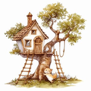 13 Backyard Treehouse Clipart Bundle, Whimsical Illustrations, Printable Watercolor Clipart, High Quality JPG, Paper craft, Junk Journals