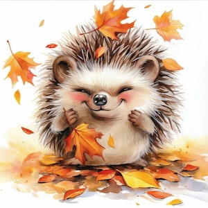 Bundle de cliparts hérisson d'automne avec feuilles, illustrations d'images d'automne aquarelle imprimables, fichiers JPG de haute qualité, journaux indésirables, travaux manuels en papier