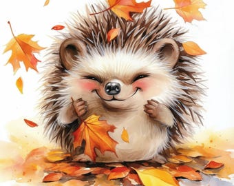 13 Fall Hedgehog with Leaves Clipart Bundle, Printable Watercolor Fall Images Illustrations, High Quality JPGs, Junk Journals, Paper Crafts