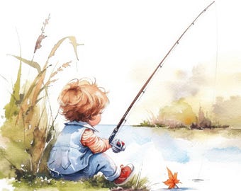 Conjunto de 17 imágenes prediseñadas de niño pequeño pescando, imágenes prediseñadas de pesca en acuarela imprimibles, archivos JPG de alta calidad, descarga digital, uso comercial, revistas basura
