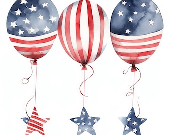 Ensemble de 23 ballons drapeau des États-Unis, clipart américain aquarelle imprimable, fichiers JPG de haute qualité, téléchargement numérique, usage commercial, journaux indésirables