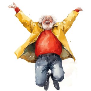 Può includere: Un'illustrazione ad acquerello di una persona anziana con capelli bianchi e barba, che indossa una giacca giallo brillante sopra una maglia rossa e jeans blu, mentre salta con le braccia alzate. La persona indossa occhiali scuri ed è gioiosa.