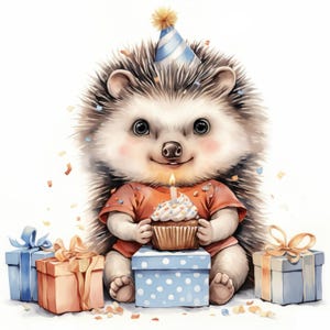Lot de 16 cliparts fête d'anniversaire hérisson, illustrations d'anniversaire, clipart aquarelle imprimable, JPG haute qualité, créations en papier, journaux indésirables