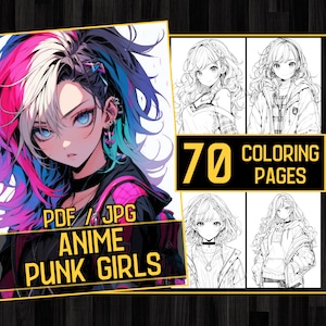 Anime Punk Girls Adult Coloring Book 70 Coloring Pages,Grayscale Fantasy Anime Manga Coloring,Instant Download,Printable PDF & JPG