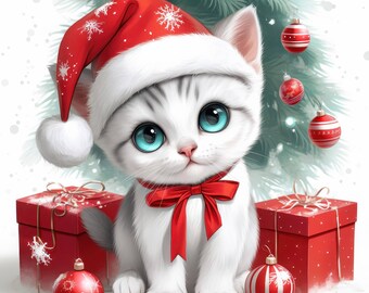 12 Christmas Cute Kitten Clipart Bundle, Printable Watercolor clipart, High Quality JPGs, junk journal, Digital downloads, Paper crafts