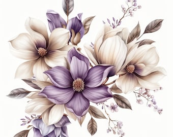 Lila beige blommor bukett Clipart, blommiga illustrationer, akvarell grafik, digital lila blombukett, vårblomma, skräpjournaler