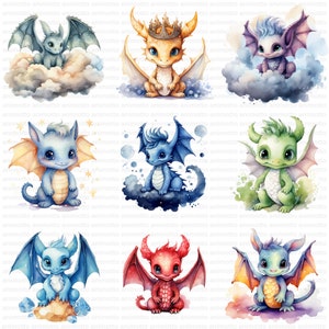 Watercolor Baby Dragons Clipart Bundle | Dragon Images, Adorable Dragon Illustrations | 65 PNG Graphic | Instant Download for Commercial Use