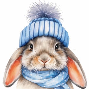 Fluffy Winter Bunny blauwe sjaal Clip Art 10 high-res aquarel JPG ongewenste journaling, scrapbooking, kaarten maken, digitale download, Paper Craft