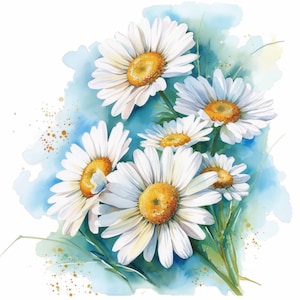 Lot de 10 charmantes marguerites clipart, clipart fleur marguerite aquarelle imprimable, haute qualité JPG, téléchargement numérique, créations en papier, journal indésirable
