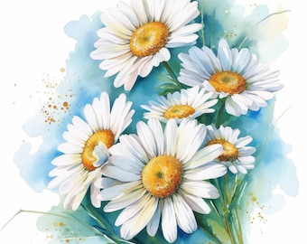 10 Charming Daisies Clipart Bundle, Printable Watercolor Daisy Flower Clipart, High Quality JPG, Digital download, Paper craft, Junk Journal
