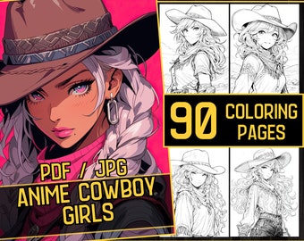 May include: A digital coloring book featuring 90 pages of anime cowboy girls. The cover features a close-up of a girl with white hair wearing a brown cowboy hat and a pink shirt. The text "PDF / JPG ANIME COWBOY GIRLS" is at the bottom of the image.