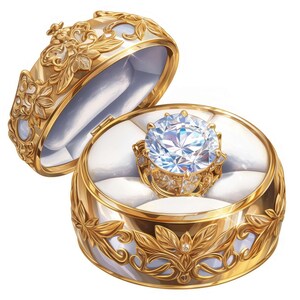 May include: An open, ornate gold ring box with a large diamond ring inside. The box is round with floral and leaf designs, and a white interior. The ring features a large, clear gemstone and smaller accent stones.