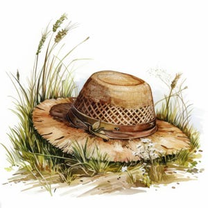 以下が含まれることがあります： 茶色の革バンドが付いた麦わら帽子が、緑色の長い草の中に置かれている水彩画イラスト。帽子は編み込まれたクラウンと広いブリムが特徴です。この画像は、夏と田園風景を連想させます。