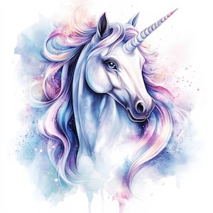 Pacote de 14 clipart de retrato de unicórnio mítico, clipart de aquarela para impressão, JPG de alta qualidade, download digital, artesanato em papel, diários de lixo