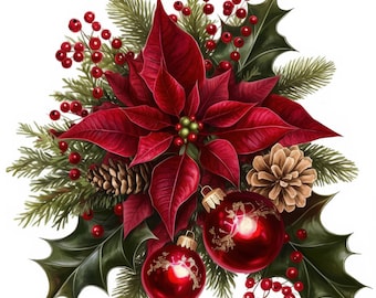 Paquete de 20 imágenes prediseñadas navideñas con flores rojas, decoración navideña, archivos JPG de alta calidad, imágenes prediseñadas de acuarela imprimibles, manualidades de papel, revistas basura