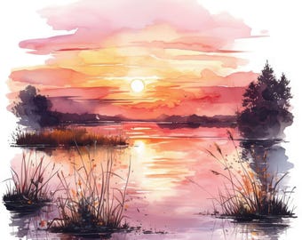 15 Sunset Art Clipart Set, Natural Landscape Illustrations, Printable Watercolor Clipart, High Quality JPG, Digital Download, Commercial Use