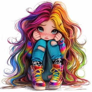 Paquete de 9 imágenes prediseñadas de chicas tristes y coloridas, arte de chicas de fantasía, imágenes prediseñadas de acuarela imprimibles, JPG de alta calidad, manualidades de papel, diario, descarga digital