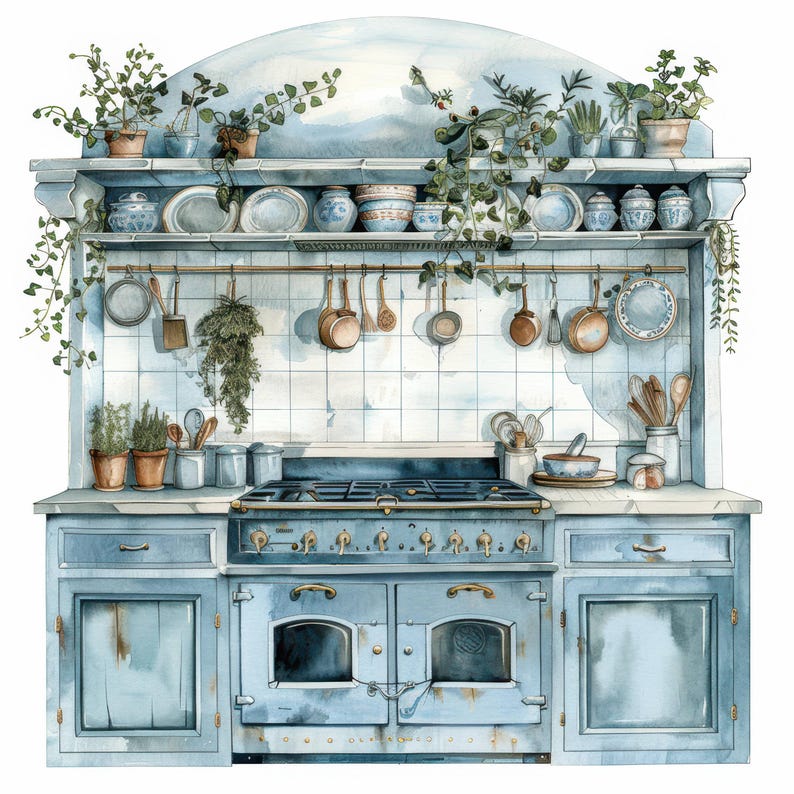 vintage floral kitchen scene clipart set graphic by... 13 Vintage Floral Kitchen Clipart, Shabby Chic, Printable Watercolor ...