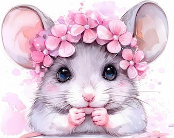 Kawaii Boho Charming Mouse Clip Art 20 High Res Watercolor JPGs Junk Journaling, Scrapbooking, Card Making, Digital Download, Paper Crafts
