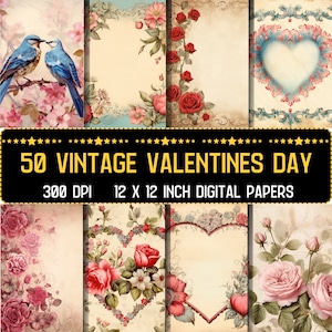 Druckbares Vintages Valentinstags-Digitalpapier, romantisches Valentine Ephemera, Blumenherz Seiten, Junk Journal, Scrapbooking, Kartenherstellung