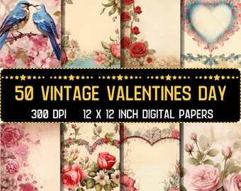 Afdrukbaar vintage Valentijnsdag digitaal papier, romantische valentijnsdag, bloemen hartpagina's, ongewenste dagboek, scrapbooking, kaarten maken