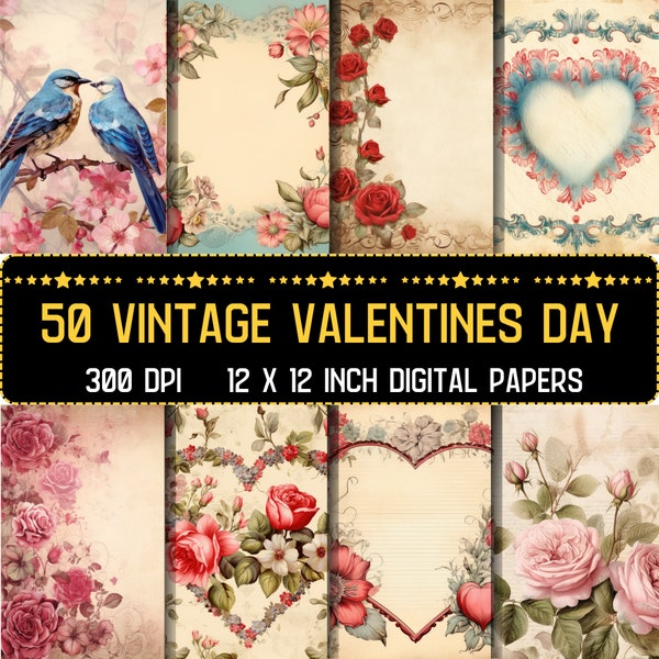 Printable Vintage Valentine's Day Digital Paper, Romantic Valentine Ephemera, Floral Heart Pages, Junk Journal, Scrapbooking, Card Making