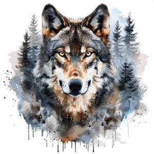 14 Wolf Portrait and Forest Clipart Bundle, Watercolor Wolf Image, Wolf Head Clipart, Scrapbook, Wolf Pack, Wolf In Forest, Forest And Wolf