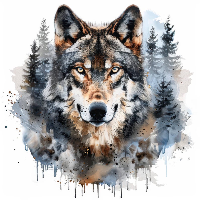 14 Wolf Portrait and Forest Clipart Bundle, Watercolor Wolf Image, Wolf Head Clipart, Scrapbook, Wolf Pack, Wolf In Forest, Forest And Wolf