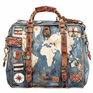 May include: A blue travel bag with a world map design and brown leather straps. The bag features various flag patches and a compass rose. The bag has a top handle and side straps with buckles.