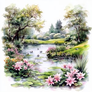Paquete de 16 imágenes prediseñadas de lagos florales, paisaje de lago, imágenes prediseñadas de acuarela imprimibles, archivos JPG de alta calidad, descarga digital, manualidades de papel, diarios basura