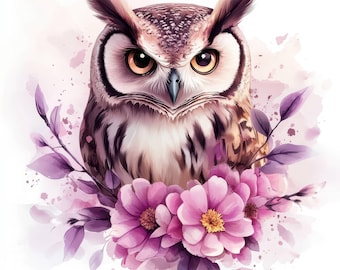 Ensemble de 16 cliparts hibou en fleurs roses, clipart aquarelle mignon hibou imprimable, fichiers JPG de haute qualité, téléchargement numérique, créations en papier, journal indésirable