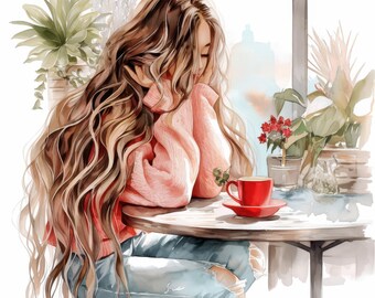 カフェにいる女性のイラスト12点セット、花柄カフェイラスト、印刷可能