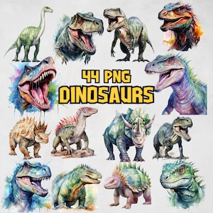Pacote de clipart de dinossauro em aquarela, clipart fofo de dinossauro, aniversário de dinossauro, arte de berçário de dinossauro, PNG de dinossauro, Triceratops, T-Rex, PNG de dinossauro