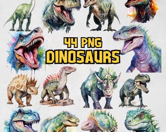 Watercolor Dinosaur Clipart Bundle, Cute Dino Clip Art, Dinosaur Birthday, Dinosaur Nursery Art, Dinosaur PNG, Triceratops, T-Rex, Dino PNG