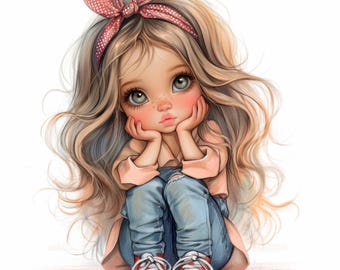 Paquete de 15 imágenes prediseñadas de chicas divertidas y adorables, ilustraciones de acuarela imprimibles de chicas peculiares, archivos JPG de alta calidad, diarios basura, manualidades de papel.