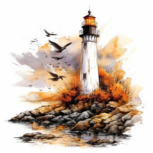 Pacote de 14 clipart de farol de outono, imagens de torre de outono em aquarela para impressão, ilustrações, JPGs de alta qualidade, diários de lixo, artesanato em papel
