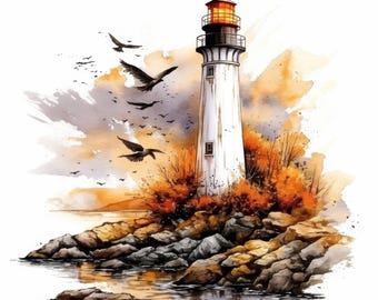 May include: A white lighthouse with a yellow light at the top, standing on a rocky shore with brown and orange foliage. The lighthouse is surrounded by a watercolor wash of orange and blue.