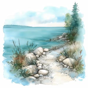 9 Teal Lake Graphics Clipart Bundle, Printable Watercolor Lakeshore Images Illustrations, High Quality JPGs, Junk Journals, Paper Crafts
