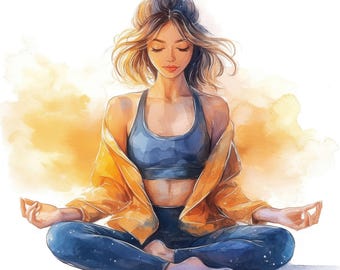Conjunto de 10 imágenes prediseñadas de mujeres meditando, imágenes prediseñadas imprimibles de yoga en acuarela, archivos JPG de alta calidad, descarga digital, uso comercial, revistas basura