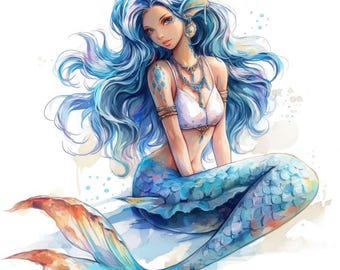 20 Watercolor Mermaid Clipart Set, Fantasy Girl Graphics, Printable Watercolor Cliparts, High Quality JPGs, Digital Download, Commercial Use