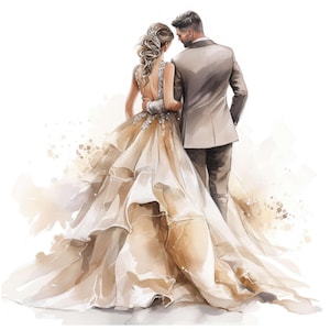 Może przedstawiać: Akwarelowa ilustracja pary młodej. Panna młoda ma na sobie zwiewną, warstwową suknię w odcieniach beżu i kremu, z błyszczącym stanikiem. Pan młody ma na sobie jasnoszary garnitur. Para obejmuje się, widok z tyłu.